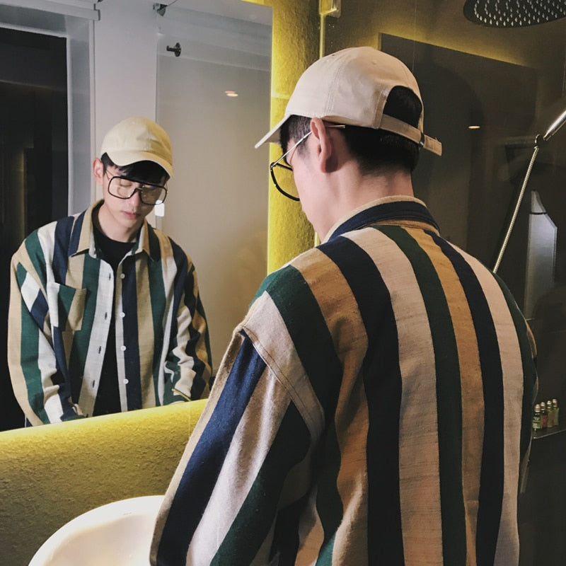 Nouvelle mode Stripe Loose Casual manches longues style hommes chemises