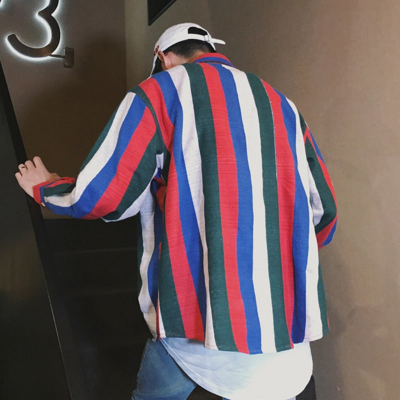 Nouvelle mode Stripe Loose Casual manches longues style hommes chemises