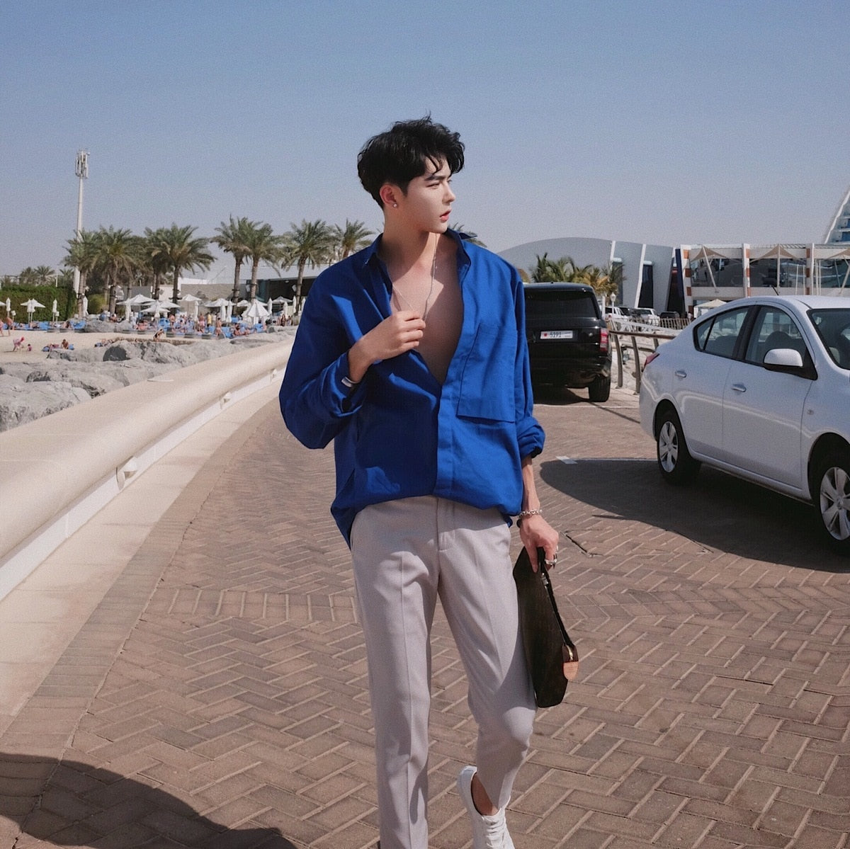 Chemises pour hommes de style lâche à manches longues bleues classiques coréennes