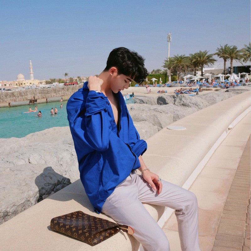 Chemises pour hommes de style lâche à manches longues bleues classiques coréennes