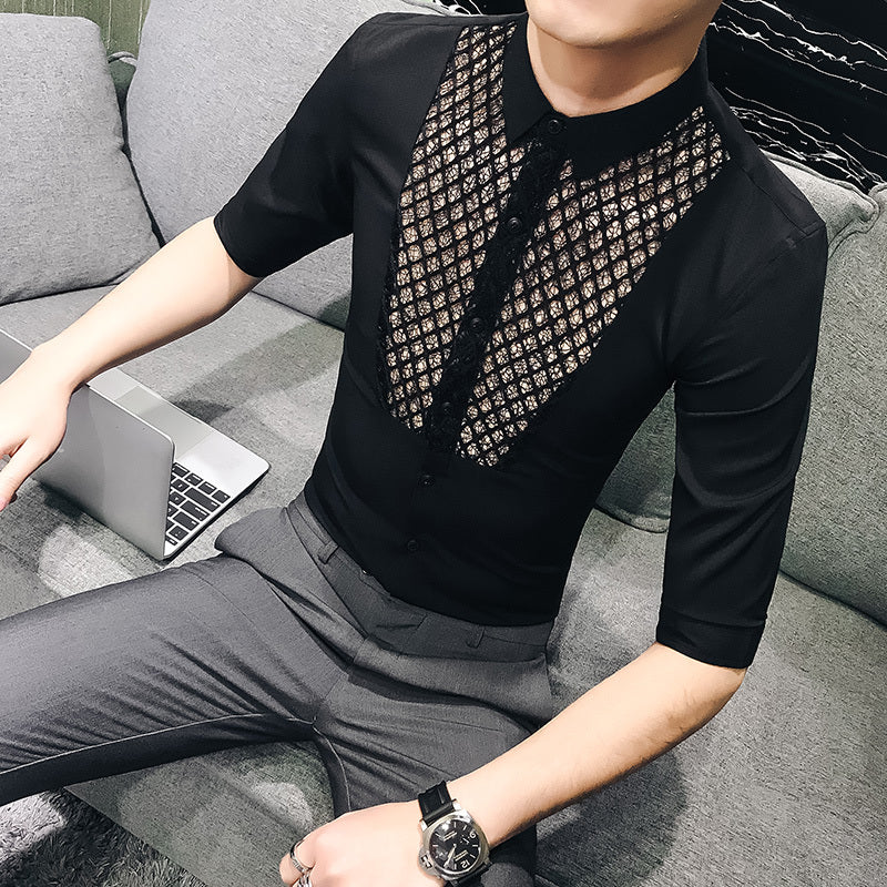 Chest Lace Details Men Slim Fit Short Sleeves Shirts - FanFreakz