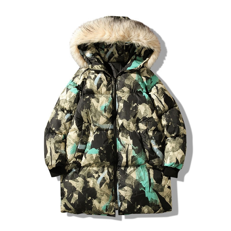 Fur Hoodie Abstract Printed Streetwear Style Men Warm Jacket