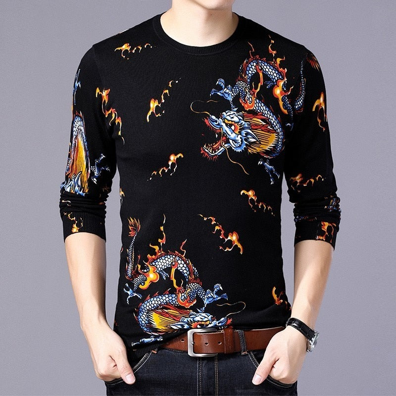 Rose Floral Golden Dragon Print Men's Sweatshirt main image 1