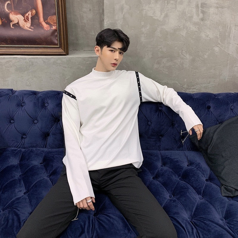 Cool White Black with Chain and Rivet Long Sleeve Pullover Shirts - FanFreakz