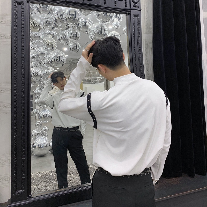 Cool White Black with Chain and Rivet Long Sleeve Pullover Shirts - FanFreakz