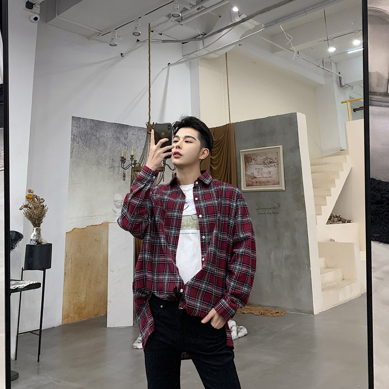 Camisa de calle de manga larga para hombre de gran tamaño retro a cuadros con botón trasero