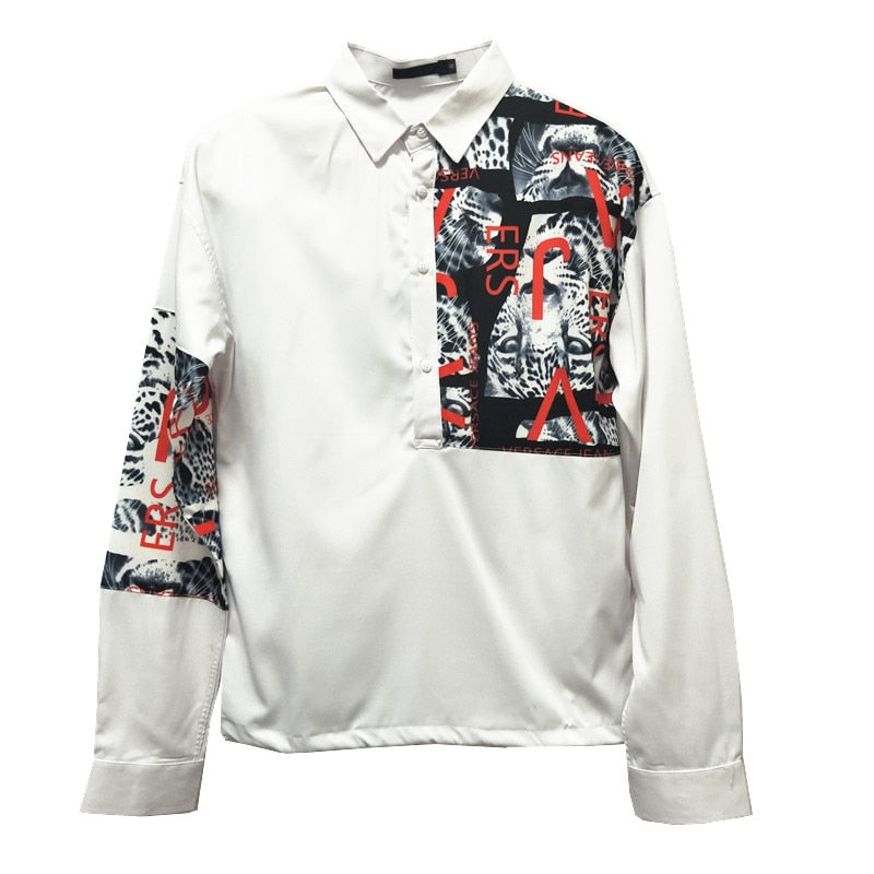 Casual Leopard Letter Patchwork Print Men Long Sleeve Shirt