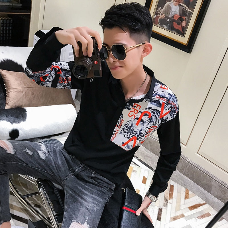 Casual Leopard Letter Patchwork Print Men Long Sleeve Shirt