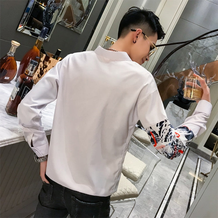 Casual Leopard Letter Patchwork Print Men Long Sleeve Shirt