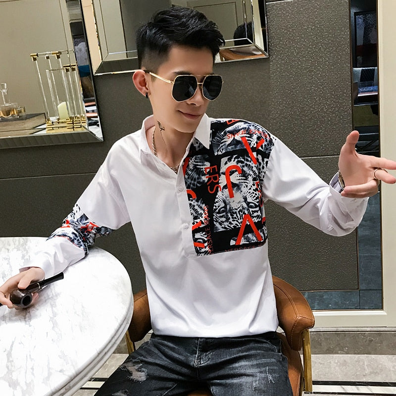 Casual Leopard Letter Patchwork Print Men Long Sleeve Shirt