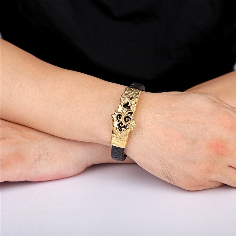 Gold Lion Punk en acier inoxydable avec bracelet en cuir pour homme