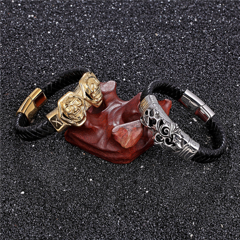 Gold Lion Punk en acier inoxydable avec bracelet en cuir pour homme