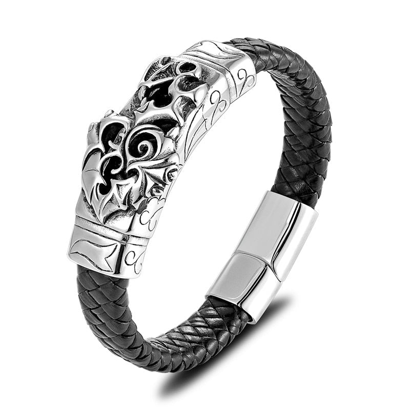 Gold Lion Punk en acier inoxydable avec bracelet en cuir pour homme