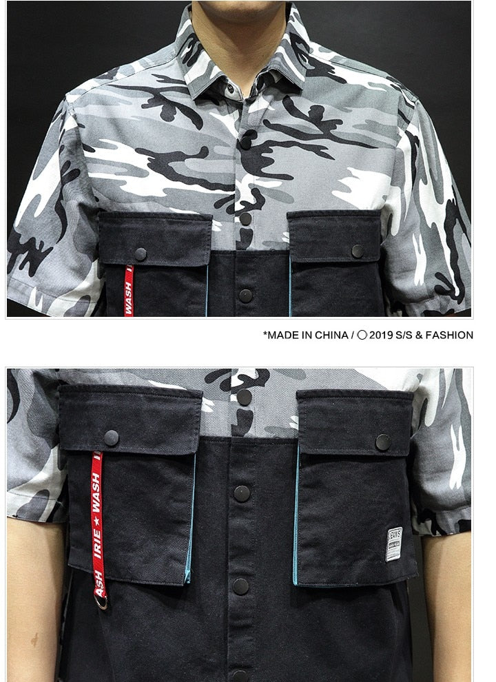 Cotton Double Pocket Trendy Camouflage Men Short Sleeves Shirts