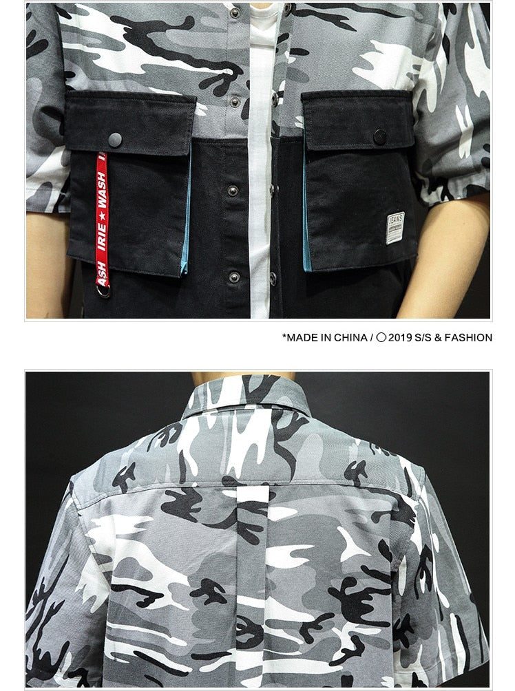 Cotton Double Pocket Trendy Camouflage Men Short Sleeves Shirts
