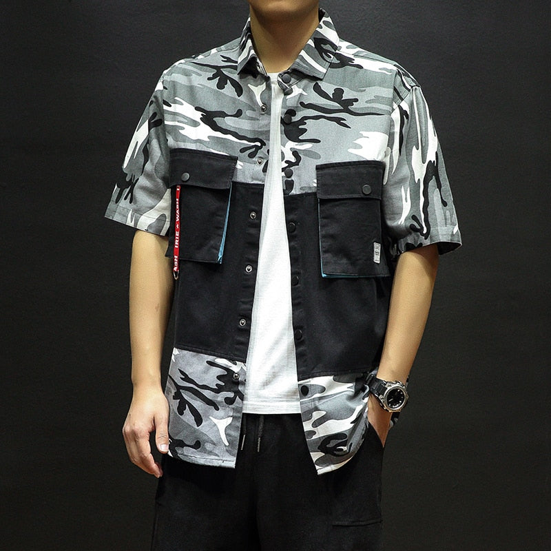 Cotton Double Pocket Trendy Camouflage Men Short Sleeves Shirts