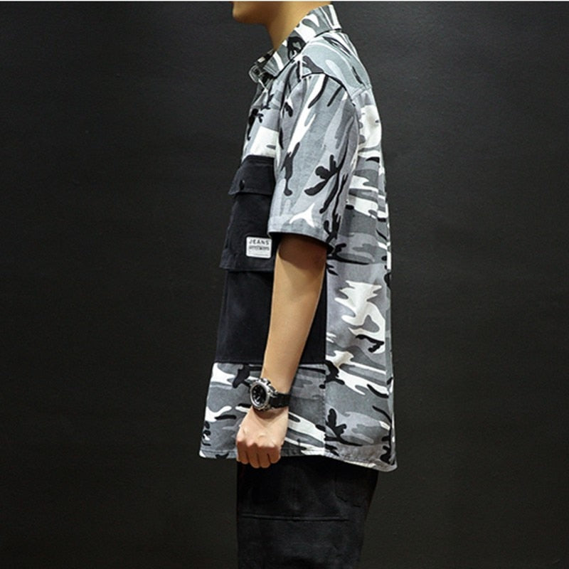 Cotton Double Pocket Trendy Camouflage Men Short Sleeves Shirts