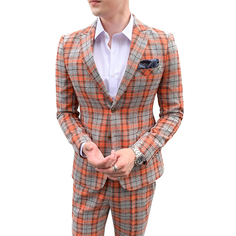 Plaid Check Single Breasted Business Slim Casual Style Men Suit