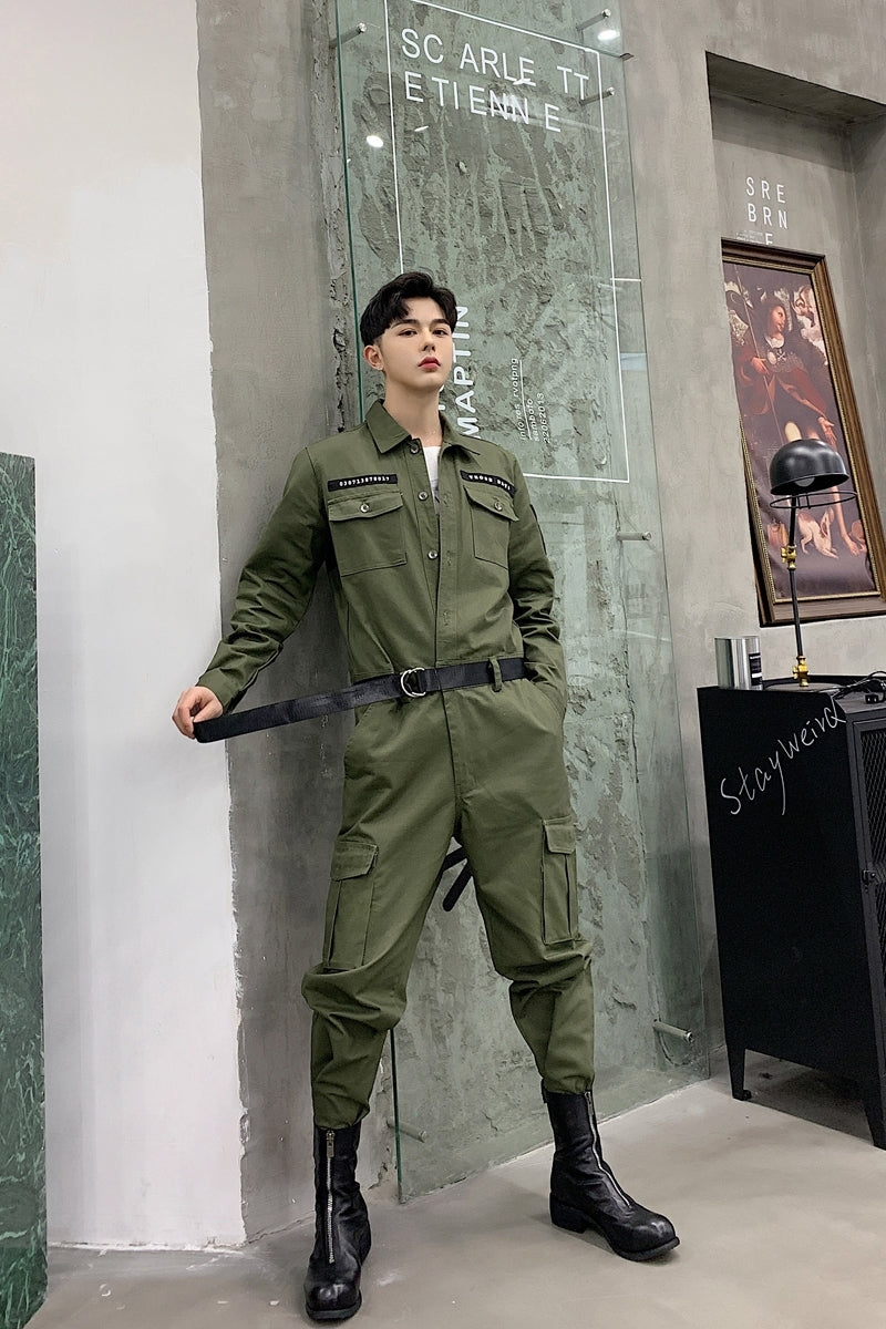 Slim Men Army Worker Style Set Chemise et pantalon à double poche