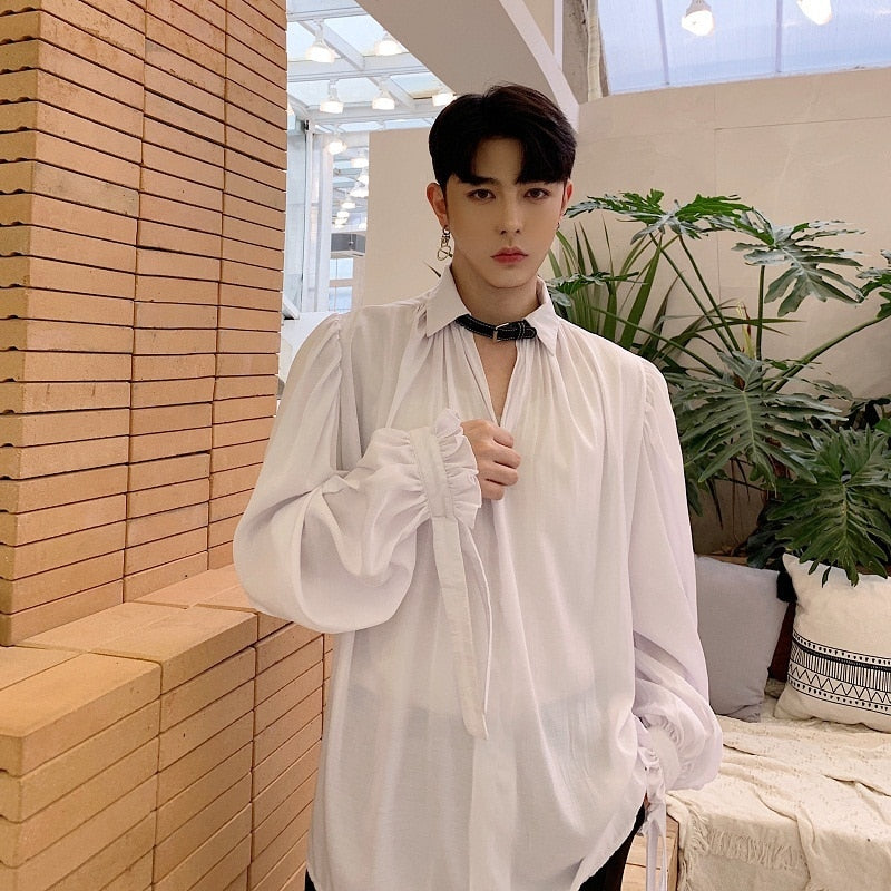 Col en V rétro vintage avec chemise à manches longues pour hommes