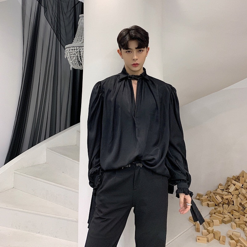 Col en V rétro vintage avec chemise à manches longues pour hommes