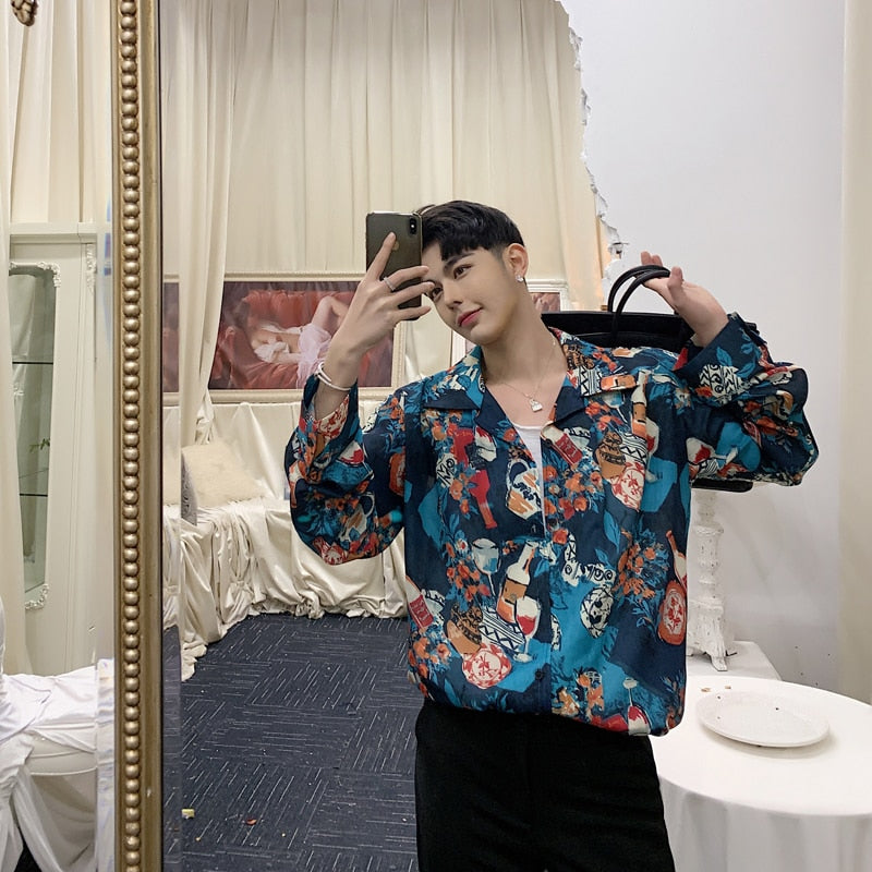 Art Painting Printing in Blue Casual Style Men Shirt - FanFreakz