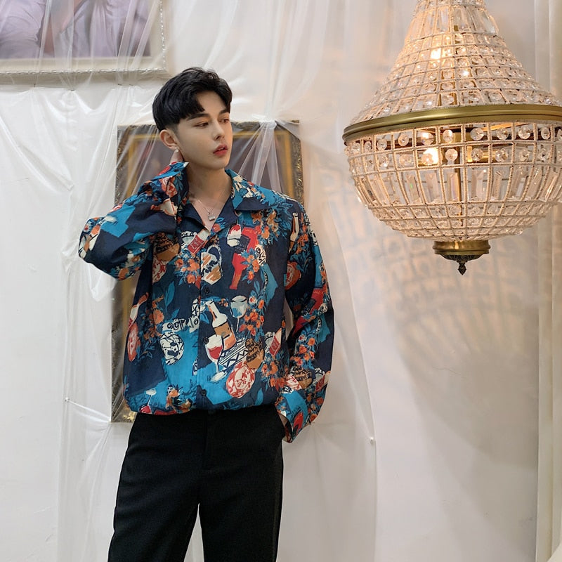 Art Painting Printing in Blue Casual Style Men Shirt - FanFreakz