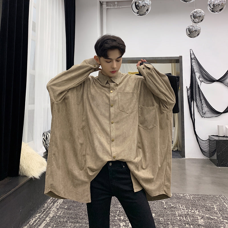 Solid Vintage Oversized Loose Long Sleeve Men Shirt