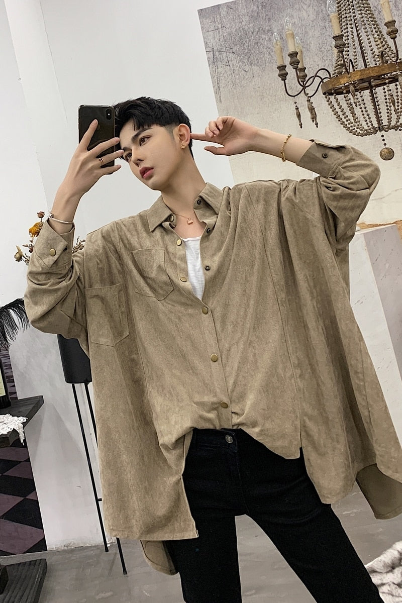 Solid Vintage Oversized Loose Long Sleeve Men Shirt