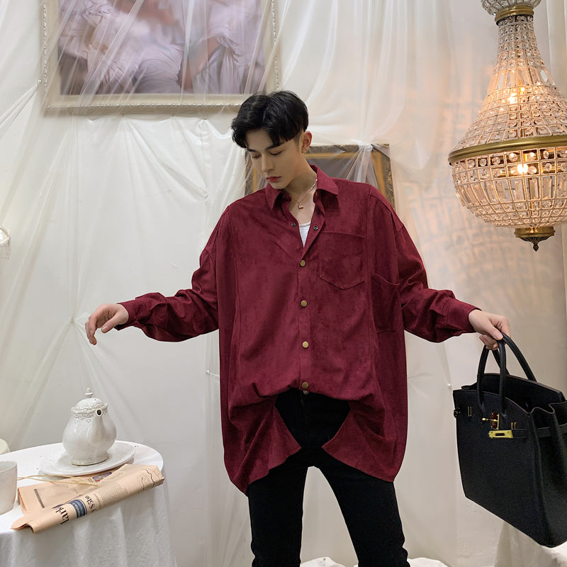 Solid Vintage Oversized Loose Long Sleeve Men Shirt