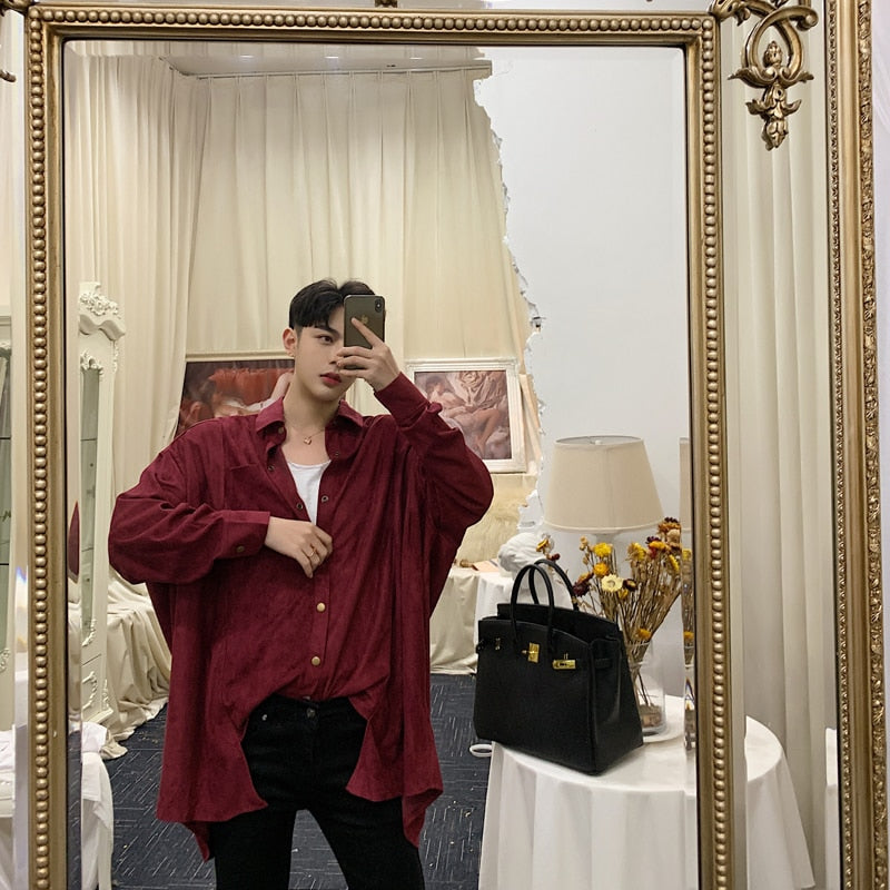 Solid Vintage Oversized Loose Long Sleeve Men Shirt