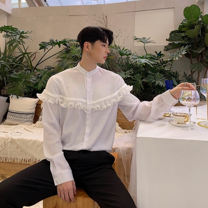 Printemps New Vintage avec chemise courte à volants sur la poitrine pour hommes