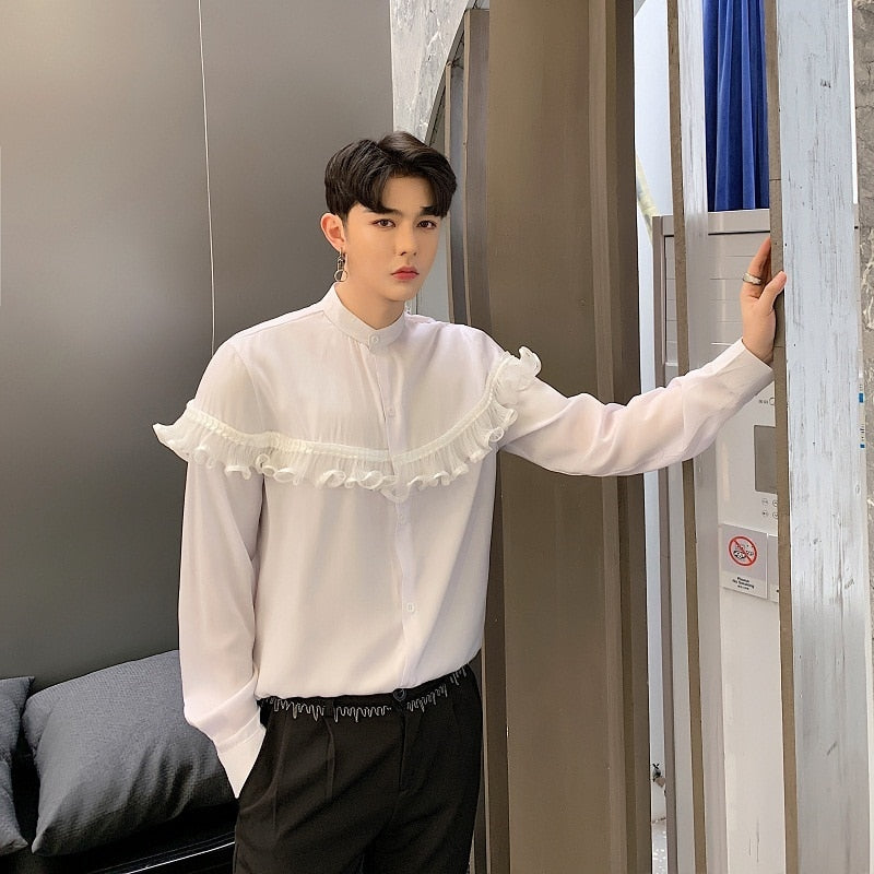 Printemps New Vintage avec chemise courte à volants sur la poitrine pour hommes