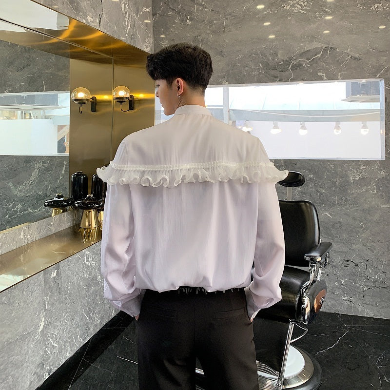 Printemps New Vintage avec chemise courte à volants sur la poitrine pour hommes