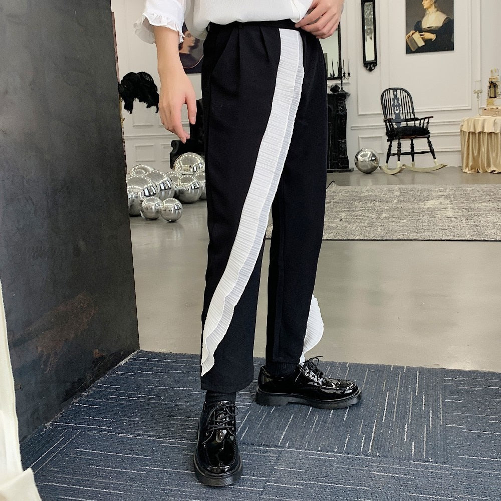 Black Irregular Lotus Leaf Lace Joker Streetwear Style Men Pants