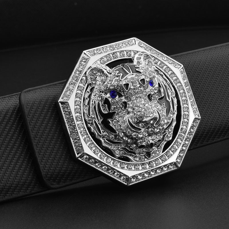 Tiger Sparkle Buckle Men Leather Waist Strap Belt