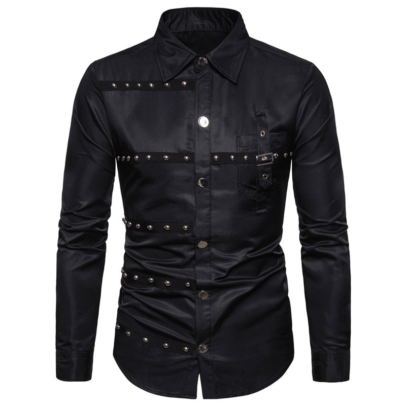 Cotton Polyester Gothic Style Rivet Long Sleeve Shirt