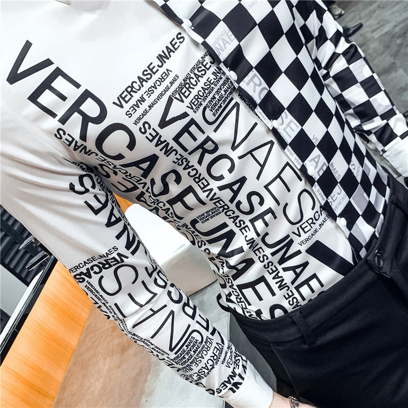 Camisas casuales de manga larga con estampado pop en blanco y negro para hombres