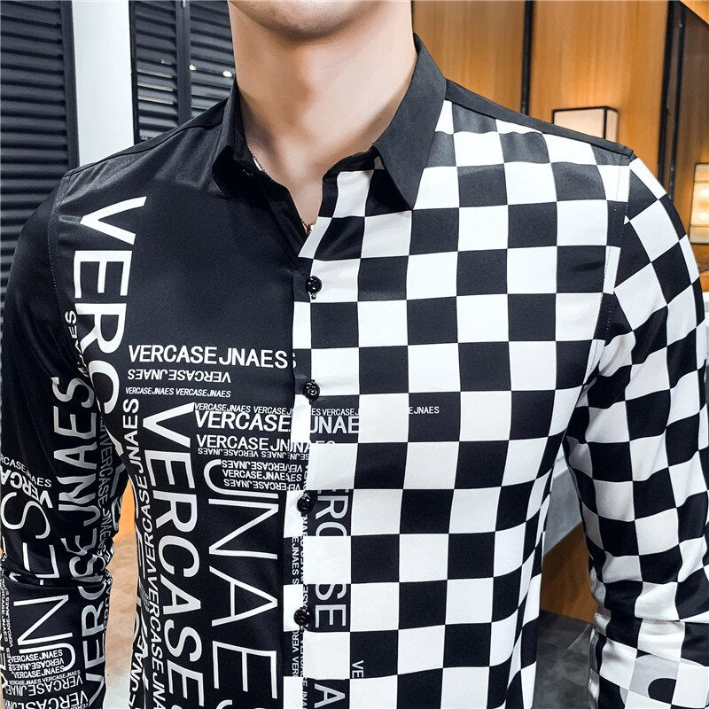 Camisas casuales de manga larga con estampado pop en blanco y negro para hombres