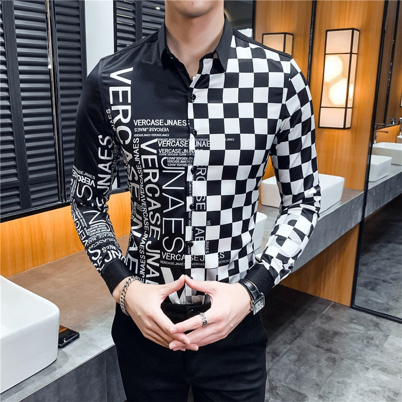 Camisas casuales de manga larga con estampado pop en blanco y negro para hombres