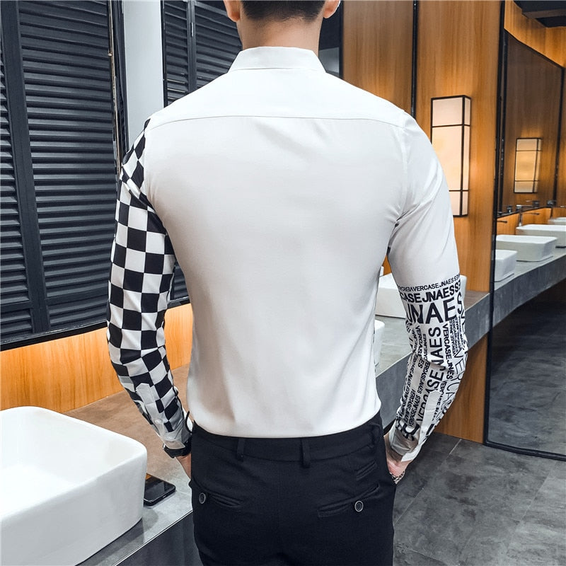 Camisas casuales de manga larga con estampado pop en blanco y negro para hombres