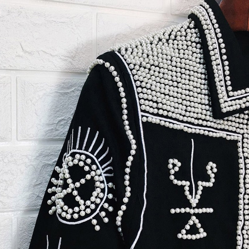 Black Beaded Embroidered Polyester Nylon Jacket