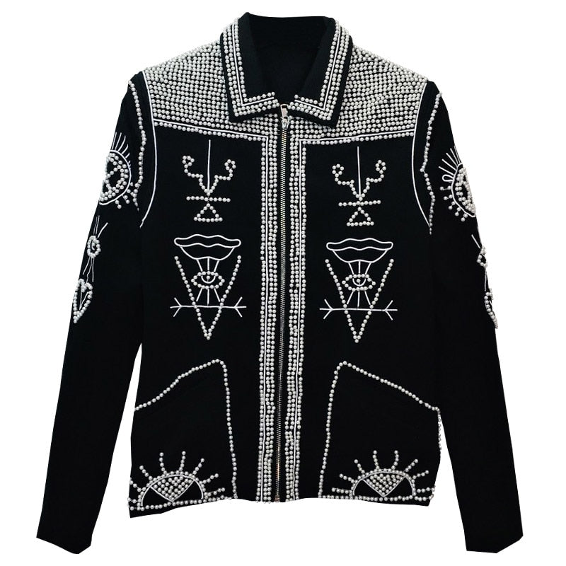 Black Beaded Embroidered Polyester Nylon Jacket