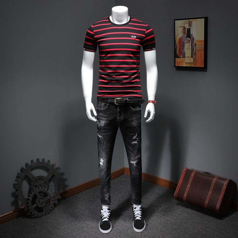 Two-tone Horizontal Lines Pattern Printed T-Shirt