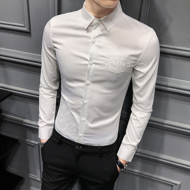 Solid Color with Embroidery Details Long Sleeve Casual Slim Fit Men Shirts