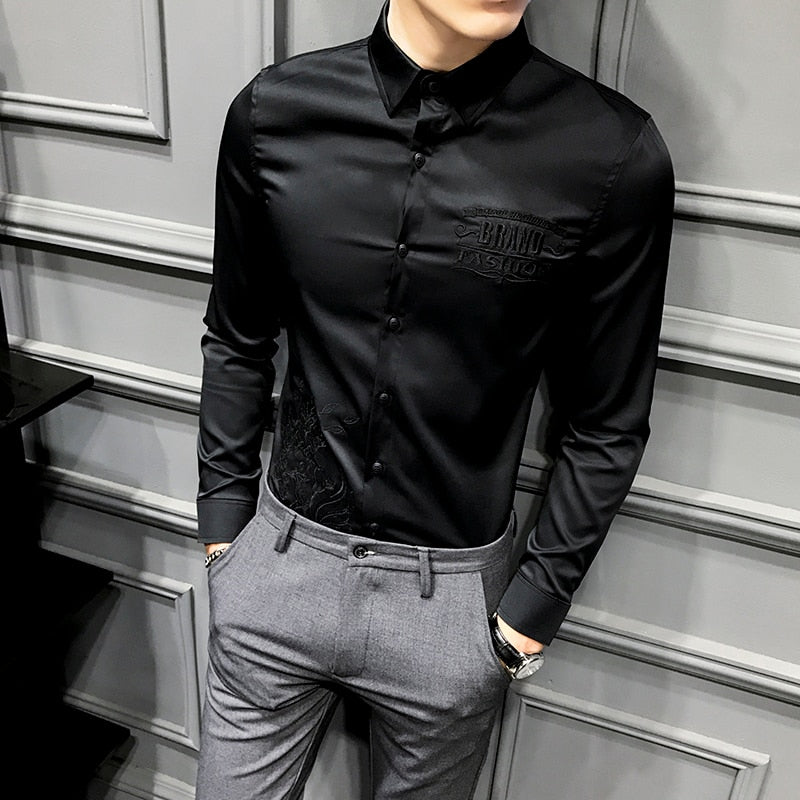 Solid Color with Embroidery Details Long Sleeve Casual Slim Fit Men Shirts