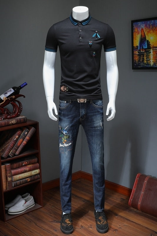 Summer Short Sleeve Embroidery Bee Turndown Collar Men Polo Shirt