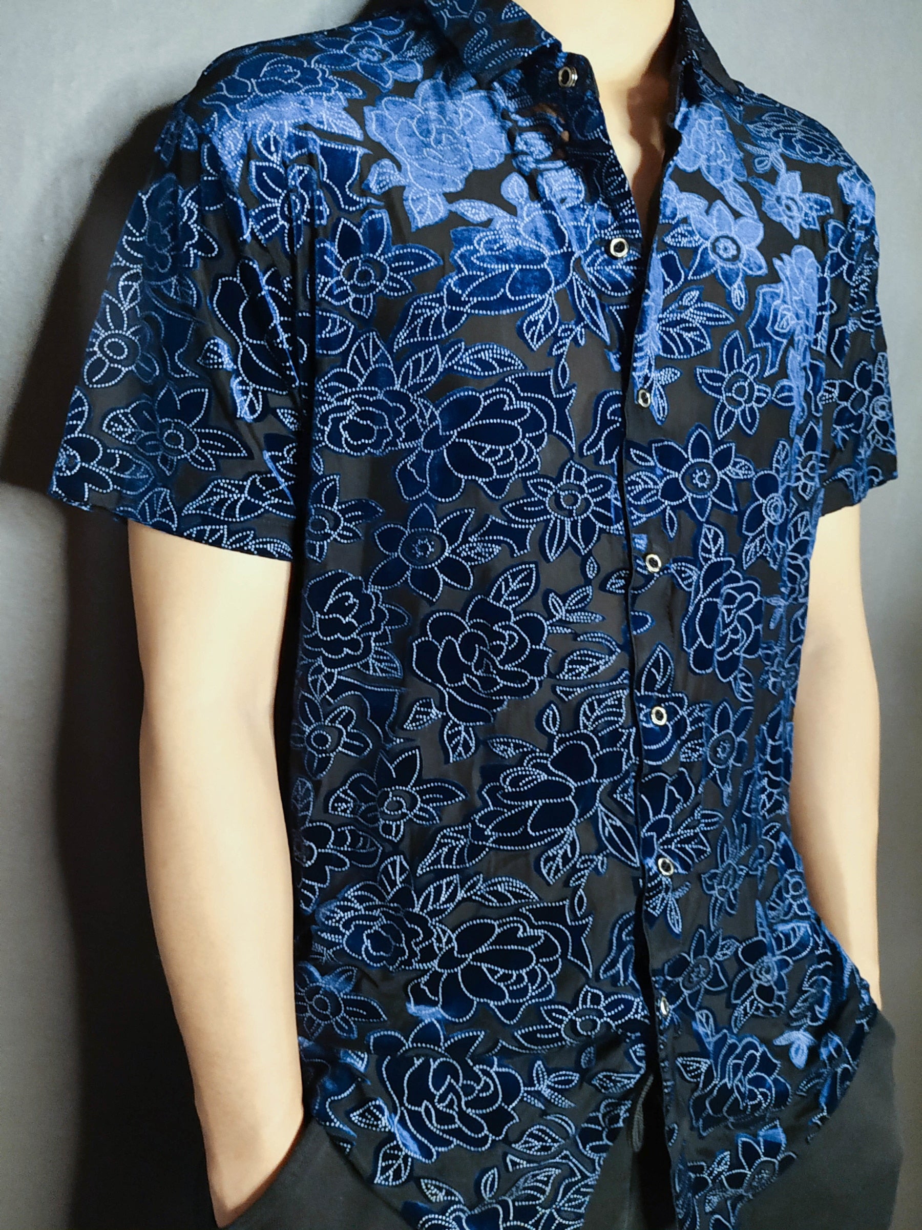 Blue Flower Embroidered Transparent Shirt