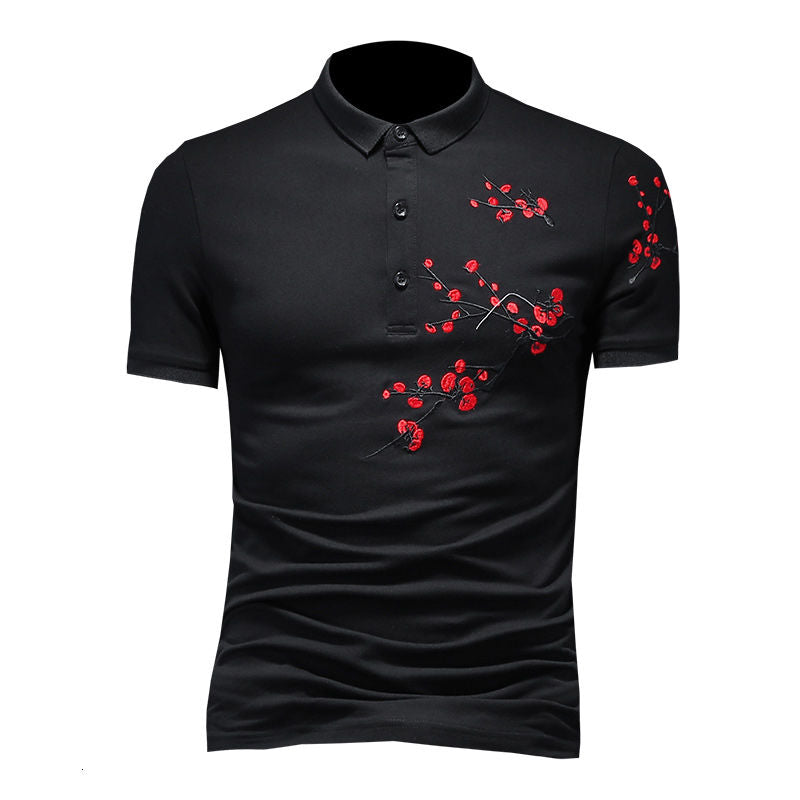 Red Floral Embroidery Style Polo Shirt