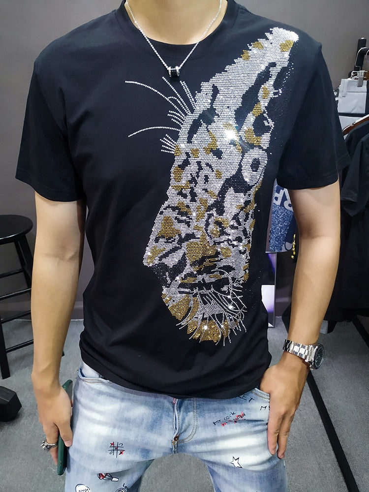 Glittering Rhinestones Offset Tiger Face Decorated T-Shirt